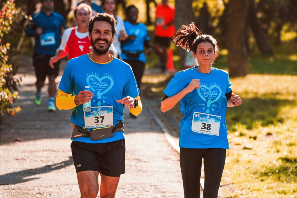 Runners participating in a marathon event, showcasing determination and fitness outdoors.